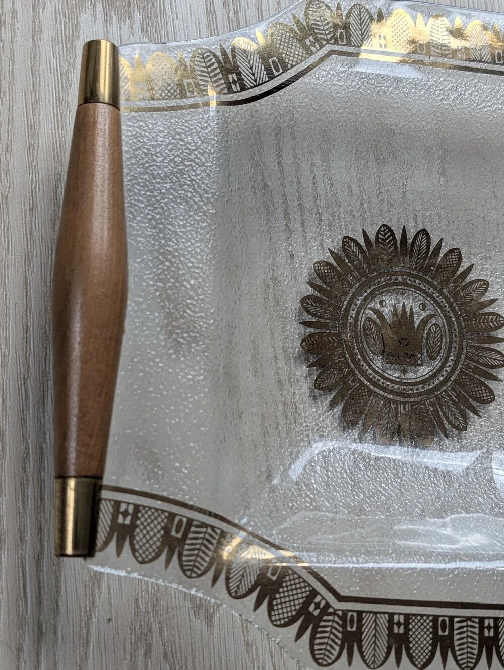 Vintage Georges Briard Glass Tray, Teak Handles, Gold & Brown Design.